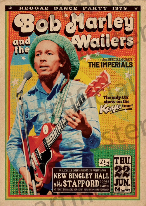 Introducing the MUS 003 Bob Marley Bingley Hall poster, commemorating a reggae dance party in 1978 featuring Bob Marley and the Wailers with special guests The Imperials. This vintage design, highlighting an image of Bob Marley playing guitar in a denim shirt, celebrates the event held on Thursday, June 22 in Stafford, UK—a perfect addition to any music collection.