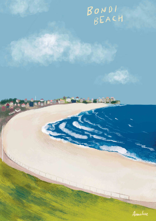 The artwork "Bondi Beach" by Annalisa Biancardi from Blue Dog Posters depicts a sandy shoreline curving along the blue ocean with waves reaching the beach, green grass in the foreground, colorful houses lining the sand's edge, and fluffy clouds in a vibrant sky.