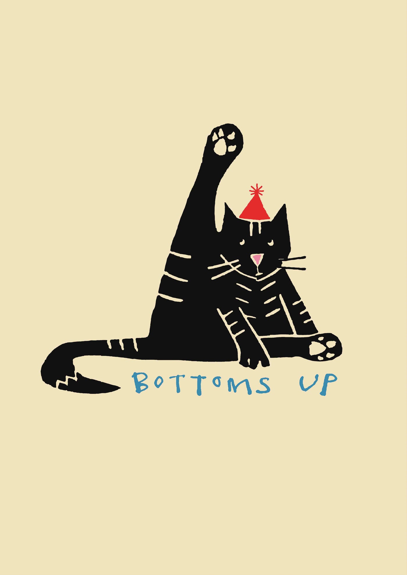 A black cat with stripes sits with one leg raised in the air, wearing a small red party hat. Below the cat, blue letters spell out "BOTTOMS UP" against a light beige background. This whimsical art print, titled "Bottoms Up by Poet & Painter," is part of our Featured Artists Collection and utilizes Digital Laser Printing for vibrant detail. Available from fap.