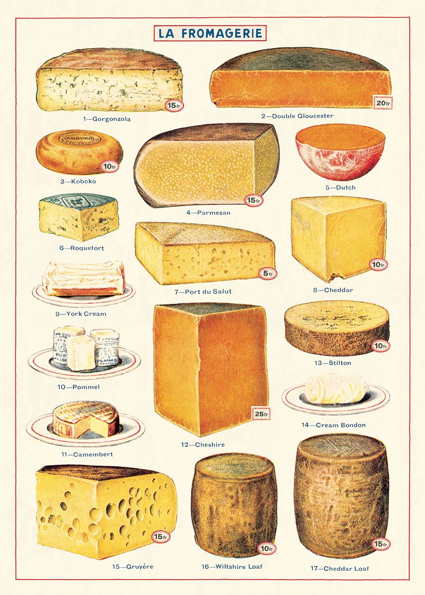 A Blue Dog Posters Cheese Poster Wrap titled "La Fromagerie" showcases 18 types of cheese, each with an illustrated image and a number label. Featuring varieties like Gorgonzola, Parmesan, Cheddar, Stilton, and Camembert, this poster is printed on Italian archival paper and can be elegantly displayed with Blue Dog Magnetic Timber Hangers.