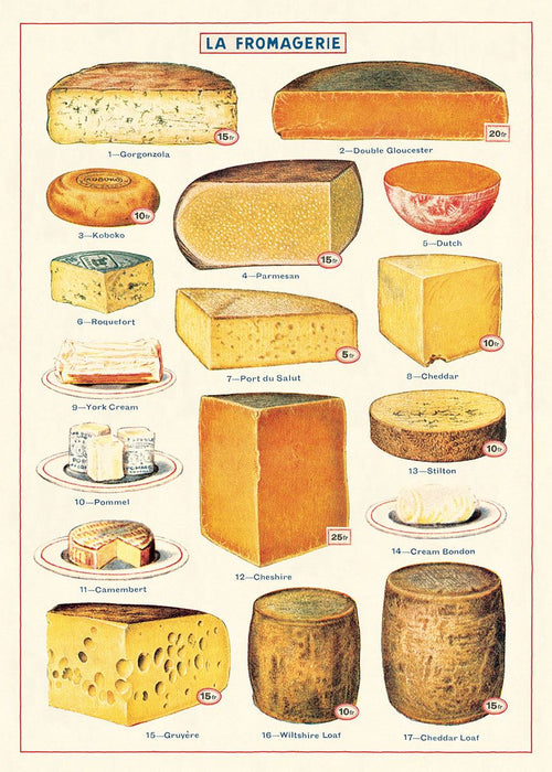 A Blue Dog Posters Cheese Poster Wrap titled "La Fromagerie" showcases 18 types of cheese, each with an illustrated image and a number label. Featuring varieties like Gorgonzola, Parmesan, Cheddar, Stilton, and Camembert, this poster is printed on Italian archival paper and can be elegantly displayed with Blue Dog Magnetic Timber Hangers.