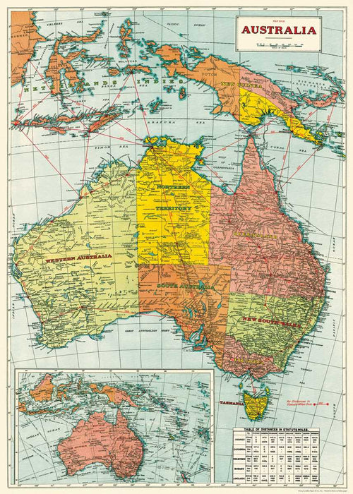 A Blue Dog Posters' Australia Map 2 Poster Wrap, printed on Italian archival paper, showcasing states and territories in distinct colors. The map includes an inset displaying nearby islands in the bottom left corner, along with a scale and legend detailing distances in nautical miles.