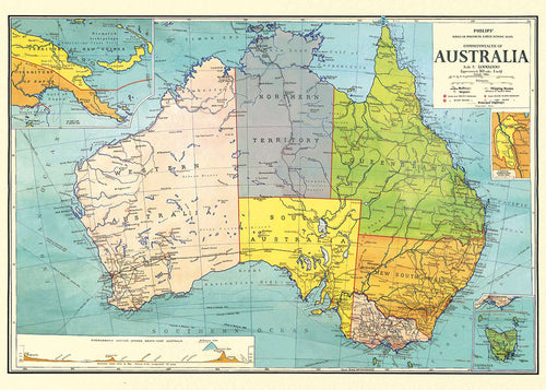 The Australia Map 3 Poster Wrap by Blue Dog Posters is a vintage map printed on Cavallini archival paper, showcasing territorial divisions including Western Australia, South Australia, Queensland, Northern Territory, New South Wales, and Victoria. Insets feature Tasmania and its proximity to New Zealand and surrounding islands. Latitude and longitude lines are visible.