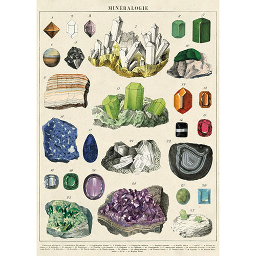 A detailed Mineralogie Poster Wrap by Blue Dog Posters showcasing various minerals and gemstones. Each mineral is numbered and labeled with names at the bottom of the image. Featuring diverse shapes, colors, and textures, the minerals range from vibrant greens and deep blues to lustrous purples.