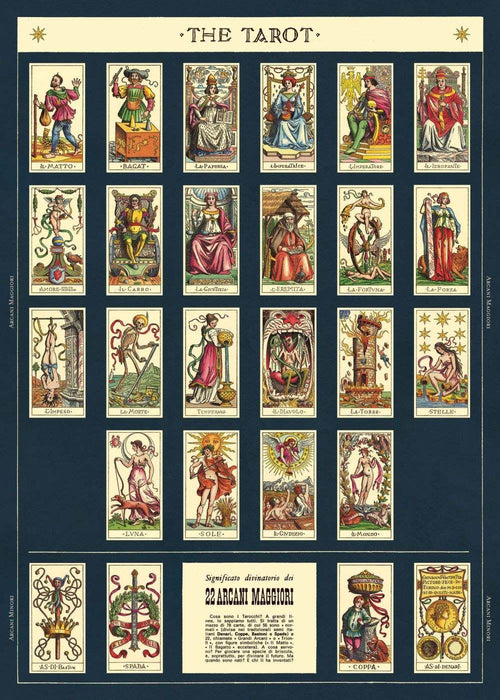 The Tarot Poster Wrap by Blue Dog Posters is a vintage-style print featuring 22 beautifully designed tarot cards, including notable characters and symbols such as "Il Matto" (The Fool) and "La Giustizia" (Justice). Printed on high-quality Italian archival paper, this poster boasts vibrant colors and includes a key at the bottom explaining each card.