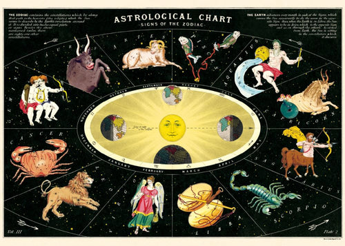 The Zodiac Chart Poster Wrap from Blue Dog Posters features a circular arrangement of the twelve zodiac signs surrounding a yellow sun at the center. Printed on exquisite Italian archival paper, each zodiac sign is illustrated with its symbol and corresponding artwork, alongside the listed months and dates for each sign.