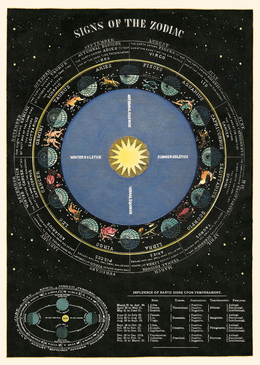 The "Astrological Chart Poster Wrap" by Blue Dog Posters features a vintage illustration titled "Signs of the Zodiac" on Italian archival paper. This detailed astrological chart includes the 12 zodiac signs, their symbols, and corresponding dates arranged in a ring around a central sun, along with information about solstices and planetary influences—perfect for crafting possibilities.