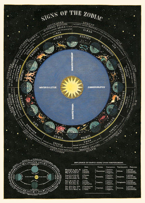 The "Astrological Chart Poster Wrap" by Blue Dog Posters features a vintage illustration titled "Signs of the Zodiac" on Italian archival paper. This detailed astrological chart includes the 12 zodiac signs, their symbols, and corresponding dates arranged in a ring around a central sun, along with information about solstices and planetary influences—perfect for crafting possibilities.