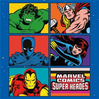 A grid of six comic-style images showcasing MARVEL superheroes: the Hulk in green, Thor wielding his hammer, Black Panther in a blue suit, Black Widow with her red hair, Iron Man in his iconic armor, and a "Marvel Comics Super Heroes" logo at the bottom right. Perfect for any fan of the Marvel 2024 Wall Calendar by Blue Dog Posters!