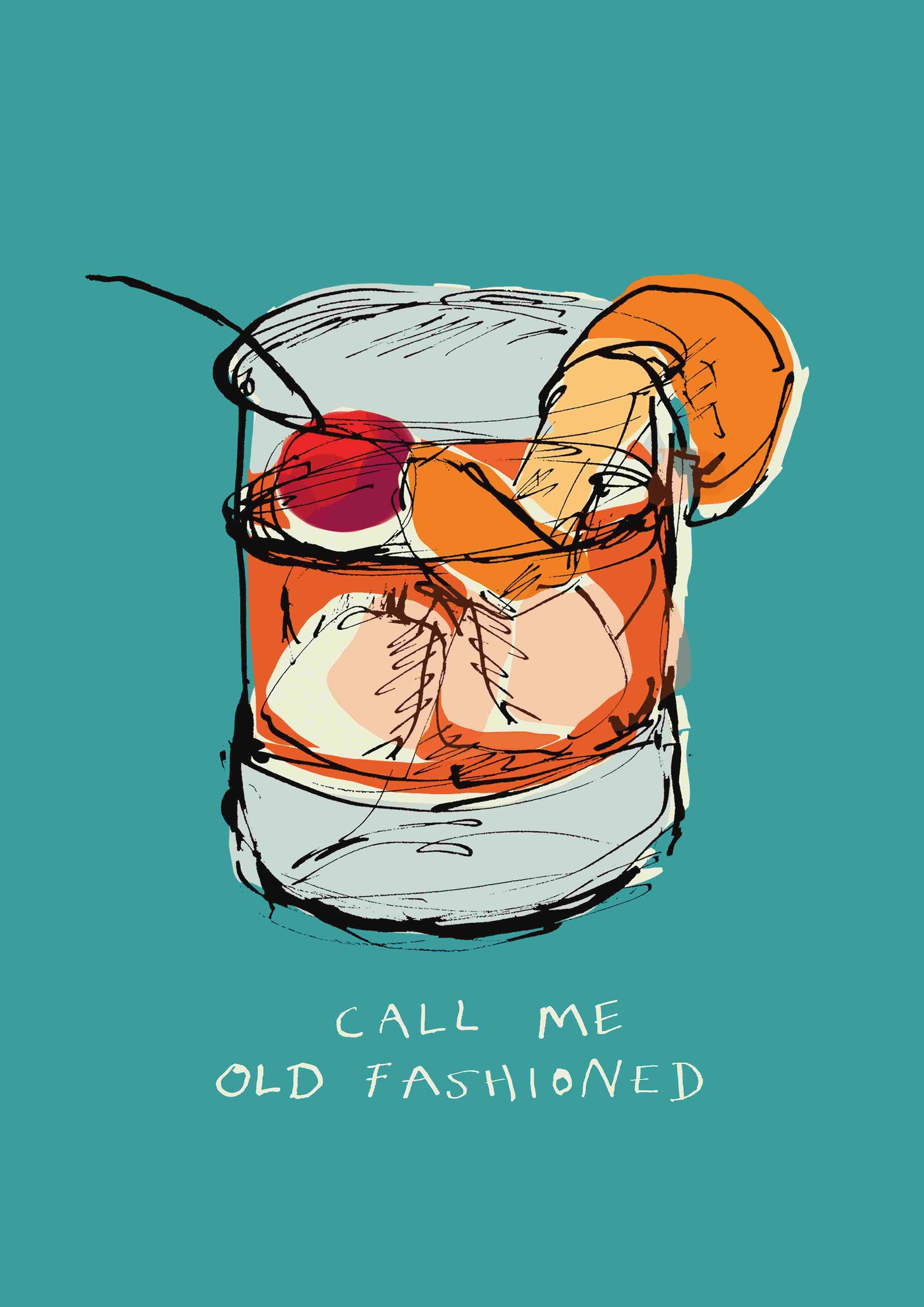 The "Old Fashioned by Poet & Painter A2" from the GAL166 brand features an illustration of an Old Fashioned cocktail in a glass with ice, a cherry, and an orange slice garnish. The text "Call Me Old Fashioned" appears on a teal background. Crafted on premium Matte Art paper as part of the Large Featured Artists Collection.