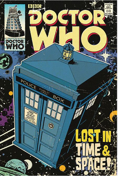 A comic-style illustration of the TARDIS, a blue police box, floating in space with stars and planets. Reminiscent of a film classic poster, it features the text "Dr Who" by MTV 270 and "Lost in Time & Space," with a Dalek in a circular inset at the top left corner.