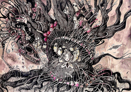 A surreal artwork titled "I Won't Cry When You Go" by MadDog Ink, part of the "Featured Artists Collection" by fap, showcases a girl with long hair standing inside the mouth of a large, twisted tree-like creature. The creature has skeletal features, multiple eyes, and is surrounded by other haunting figures and intricate branches. The background is a mix of pinkish hues, brought to life through fine Art Print and Digital Laser printing techniques.
