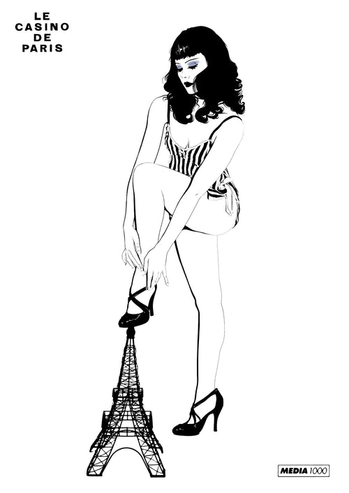 An illustration of a woman with long, wavy hair in a striped corset playfully stepping on a small Eiffel Tower replica. She wears high heels, and "La Casino De Paris Westmotel" by fap is featured in the top left corner.