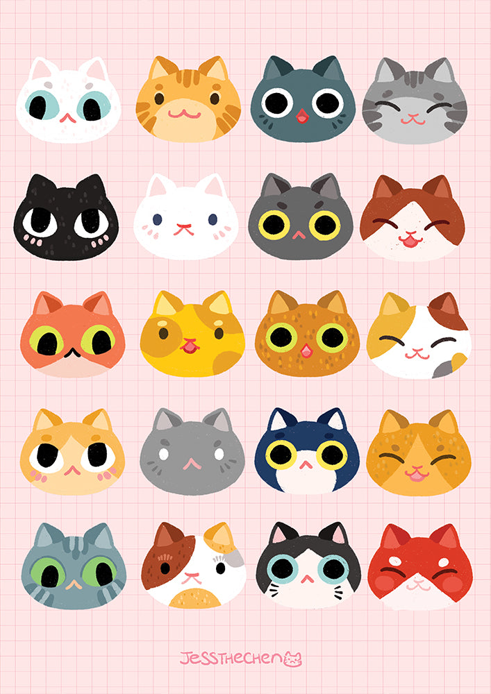 The image showcases a grid of 20 illustrated cat faces, each with unique colors, patterns, and expressions. A part of the Little Art series from Blue Dog Posters, this piece titled "Cat Heads by Jess Chen A5," features a light pink grid background. The diverse cats are depicted with various emotions and distinctive markings like stripes, spots, and different eye shapes.