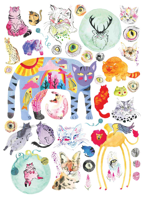 A colorful collage art print, "Cats by Helen Nehill Art," features whimsical illustrations of various cats and fantastical feline creatures. This piece, part of the Featured Artists Collection by Australian artist Helen Nehill and offered by Blue Dog Posters, showcases cats drawn in different artistic styles with vibrant patterns, expressive faces, and quirky attributes against a white background.