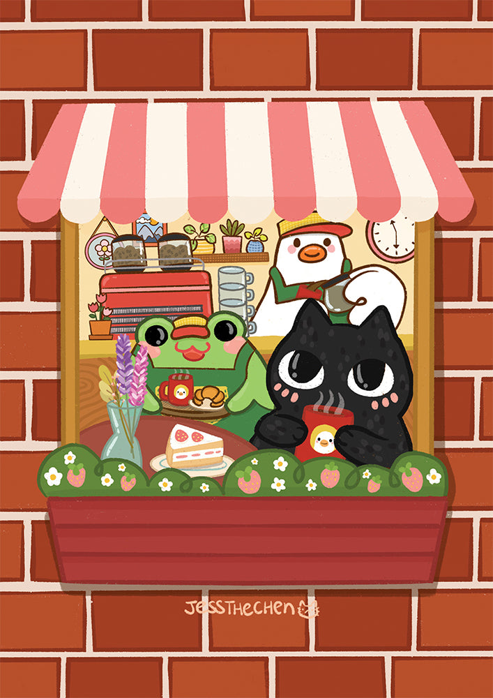 An enchanting art piece from Blue Dog Posters titled "Comfort Cafe by Jess Chen A5" portrays a lively bakery scene with charming cartoon characters, including a frog and a black cat indulging in pastries, while a duck works behind the counter. The artwork is enhanced by features like a striped awning and flower boxes against a brick wall backdrop, making it perfect for mini prints.