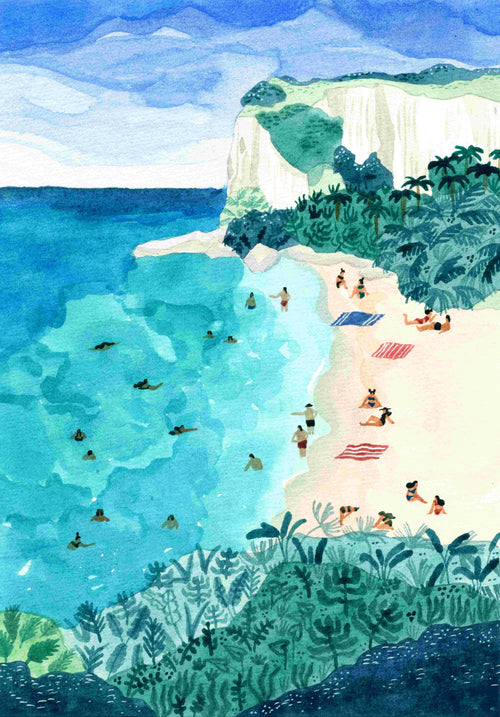 Explore "Coromandel" by Helo Birdie from GAL129, an art print capturing a vivid beach scene with swimmers in turquoise waters and sunbathers on striped towels. White cliffs and lush greenery frame this idyllic spot under a partly cloudy sky.