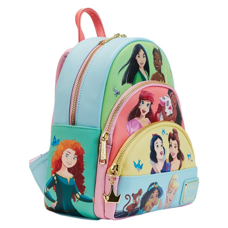The Disney Princess Collage Mini Backpack by Blue Dog Posters is a small, colorful mini backpack that showcases various Disney princesses, including Ariel, Belle, Cinderella, and Mulan. It features multiple zippered compartments with gold zippers and is adorned with character graphics in a mix of pastel colors like pink, blue, and green.