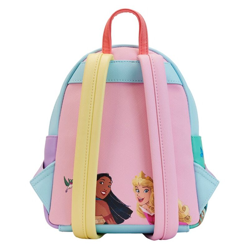 The Disney Princess Collage Mini Backpack by Blue Dog Posters showcases two illustrated Disney princesses set against a pastel pink background. It features multicolored straps in yellow, pink, and blue, vibrant side panels and handles, and a handy triple pocket design.