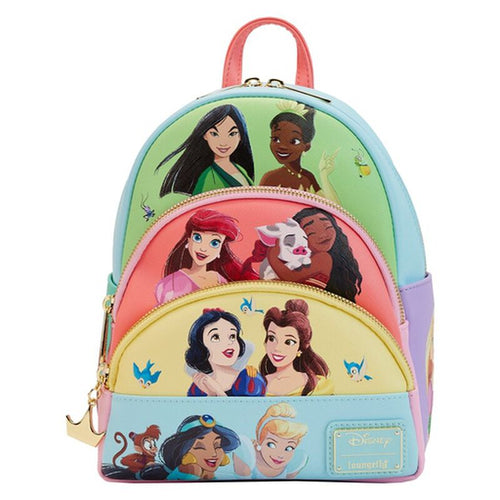 The Disney Princess Collage Mini Backpack by Blue Dog Posters is a vibrant mini backpack adorned with illustrations of various princesses, such as Mulan, Tiana, Ariel, Moana, Snow White, Belle, Jasmine, Cinderella, and Rapunzel. It features a front pocket, gold-tone zipper hardware, and a top handle.