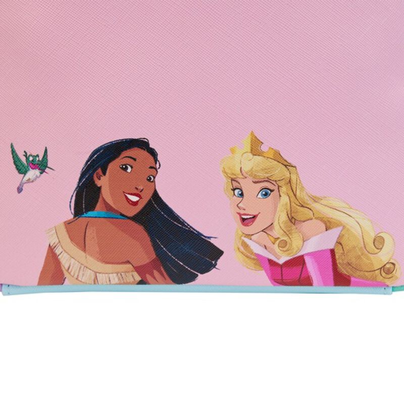 On a pink backdrop, the Disney Princess Collage Mini Backpack showcases illustrated versions of two beloved animated princesses: one with long black hair in a fringed outfit and the other with golden locks wearing a crown and dressed in a pink gown. A small hummingbird hovers on the left side, bringing charm to this triple-pocket mini backpack by Blue Dog Posters.