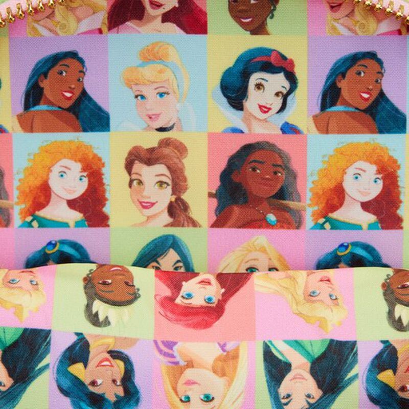 The Disney Princess Collage Mini Backpack by Blue Dog Posters showcases a vibrant grid pattern filled with illustrations of various animated Disney princess characters, each sporting unique hairstyles and outfits. These enchanting characters are arranged in orderly rows and columns over a pastel backdrop, making it an ideal choice for a triple pocket mini backpack design.