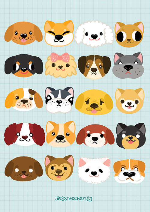 The "Dog Heads by Jess Chen A5" from Blue Dog Posters features an illustrated grid of 18 cartoon dog faces, each with unique expressions and traits representing various breeds such as corgi, poodle, and bulldog. This delightful piece from the Little Art series is set against a light blue grid-patterned background with the artist's name displayed at the bottom.