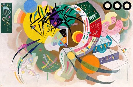 The Kandinsky Dominant Curve by ART 081 features vibrant yellow, green, orange, and pink shapes with intersecting lines and three black rings in the upper right, adding dynamic style to any space as an energetic Art & Decor Poster.