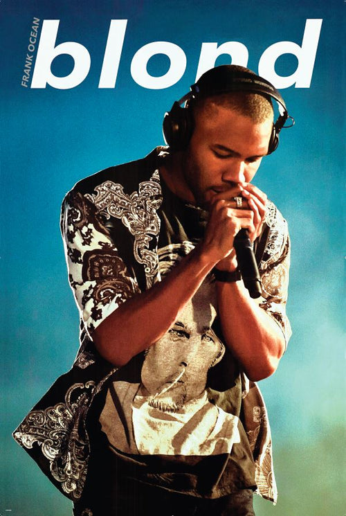 A man with a shaved head, wearing headphones, sings into a microphone. Dressed in a patterned long-sleeve shirt over a T-shirt with someone's face on it, he embodies the essence of the Music Collection. The word "blond" is prominently featured at the top of this vibrant Frank Ocean Blond - BLUE Pop Poster from MUS 019, printed on premium 150gsm gloss paper.