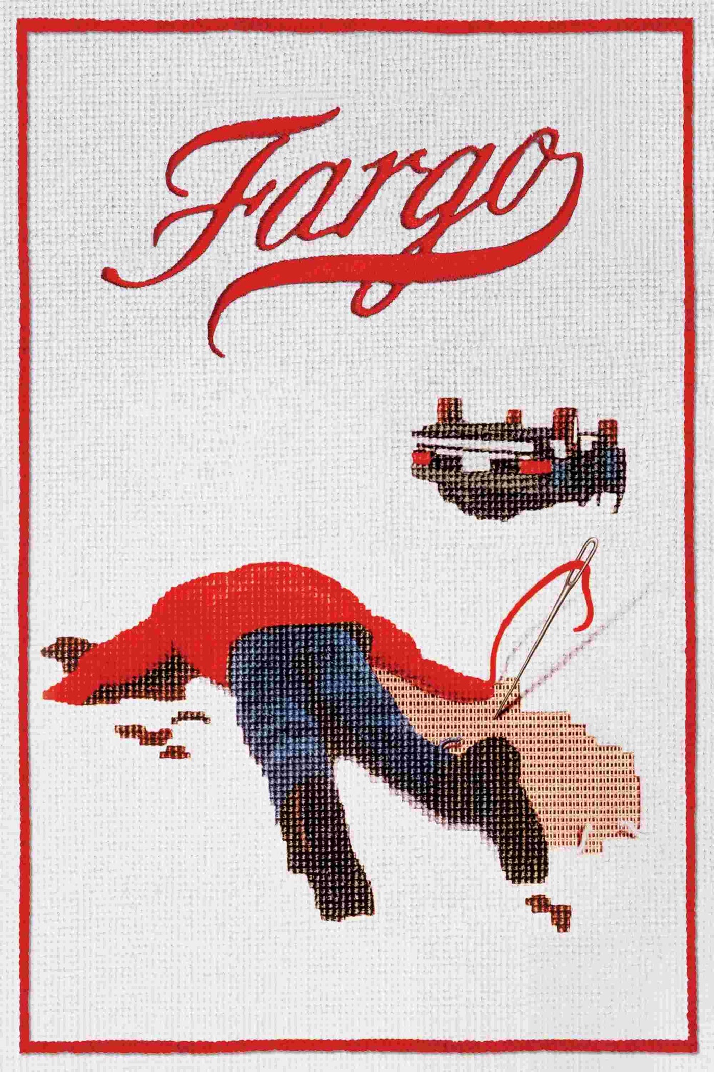 A3’s "Fargo" cross-stitch features the word "Fargo" in red script above a person in a red coat lying face down on snowy ground with blood, framed by a red border, while a police car appears in the background.