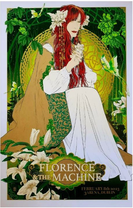 The "Florence and the Machine Dublin" by Blue Dog Posters is a limited edition art nouveau silkscreen print for the band's concert at 3Arena, Dublin on February 13th, 2023. It showcases a red-haired woman in a white dress holding flowers, surrounded by greenery, lilies, and a parakeet with intricate Celtic patterns in the background.