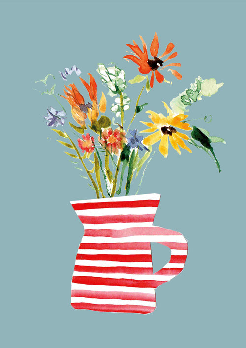 Flower Jug by Poet & Painter from the fap brand is a vibrant watercolor painting featuring a red-and-white striped pitcher brimming with colorful flowers, including yellow, orange, blue, and red blooms with green stems and leaves. Set against a light teal background, this art print is part of the Featured Artists Collection and is printed on high-quality 250gsm Satin paper.