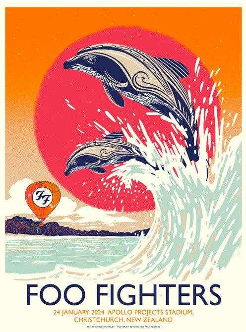 Unveil the captivating **Foo Fighters Christchurch Jan 2024** limited edition concert poster by **Blue Dog Posters**. Featuring illustrations of two dolphins leaping out of stylized waves under an orange and red sky, with a hot air balloon bearing the Foo Fighters logo floating in the background. The text includes: Foo Fighters, 24 January 2024, Apollo Projects Stadium, Christchurch, New Zealand.