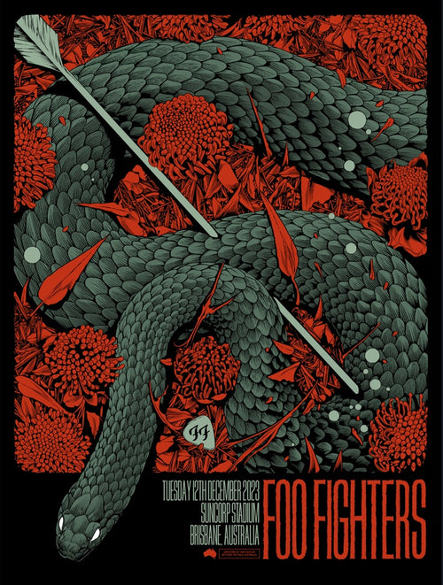 Product Description: Presenting the limited edition "Foo Fighters Brisbane Dec 2023" poster by Blue Dog Posters. This stunning silk screen print features a large snake coiled around vibrant red flowers with an arrow through its head, set against a backdrop of intricate floral patterns. The text at the bottom reads "Tuesday 12th December 2023, Suncorp Stadium, Brisbane, Australia," commemorating the Foo Fighters event in breathtaking detail.