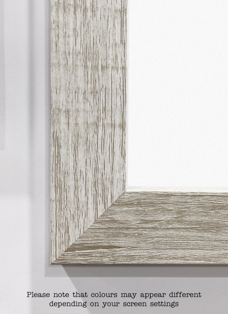 A close-up view of a corner of the Classic Frame 60x60cm Ash by Blue Dog Posters, showcasing its light, weathered texture. The bottom of the image features text that reads: "Please note that colors may appear different depending on your screen settings." Part of our Large Frames Collection, ideal for 60cm x 60cm posters.