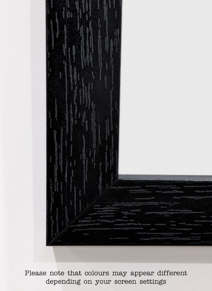 Close-up of the corner of a Classic Frame 60x80cm Black from Blue Dog Posters with a wood grain texture and plastic front protection against a white background. The text at the bottom reads, "Please note that colours may appear different depending on your screen settings.