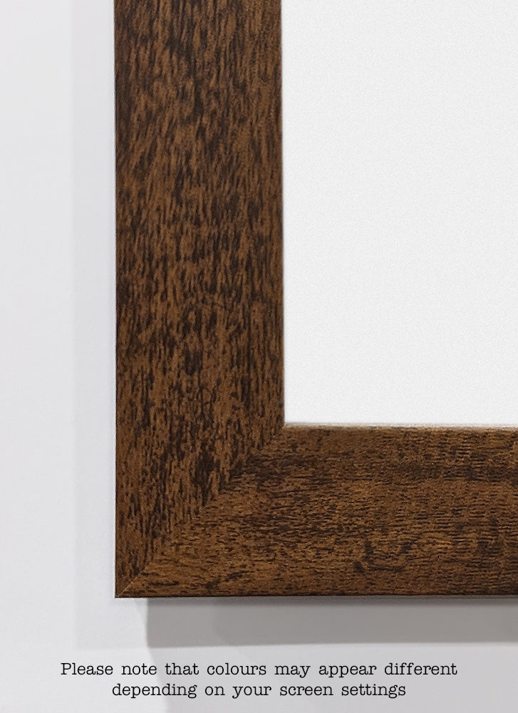Close-up of the corner of the Classic Frame 60x60cm Rustic Oak by Blue Dog Posters, showcasing its dark brown, wood-grain texture that offers a contemporary look. The frame is displayed on a white background. Text at the bottom reads, "Please note that colours may appear different depending on your screen settings.