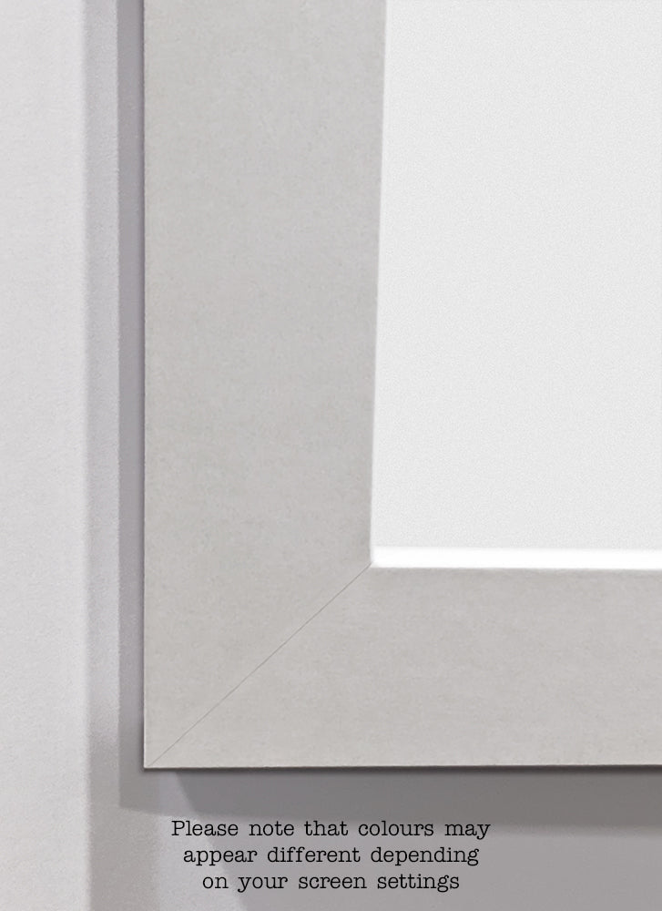 Close-up of a picture frame corner with a white mat board surrounding the blank space for a picture. Text at the bottom reads, "Please note that colours may appear different depending on your screen settings." The Deluxe Frame A2 White by Blue Dog Posters belongs to our Deluxe Frames Collection and is grayscale.