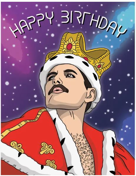 Title: Freddie Mercury Happy Birthday Card by Blue Dog Posters
Description: An illustration featuring a man donned in a majestic red and white robe adorned with a gold crown, gazing upward. The backdrop highlights a starry sky embellished with swirling hues of purple, pink, and blue. Arcing above the figure is the text "Happy Birthday," capturing the essence of this Freddie Mercury-inspired birthday card.