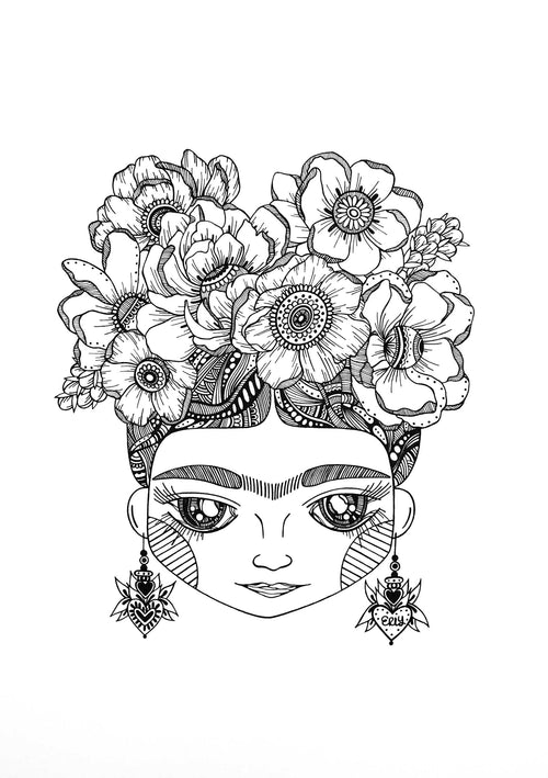 The artwork, titled "Frida by Eri Yamaguchi" and offered by Blue Dog Posters, features a detailed black and white illustration of Frida Kahlo's face adorned with a large floral headdress. She has prominent eyebrows, intricate earrings, and a calm expression. The flowers above her head are various types and sizes, creating an elaborate design perfect for the Little Art series' deluxe postcard frames.
