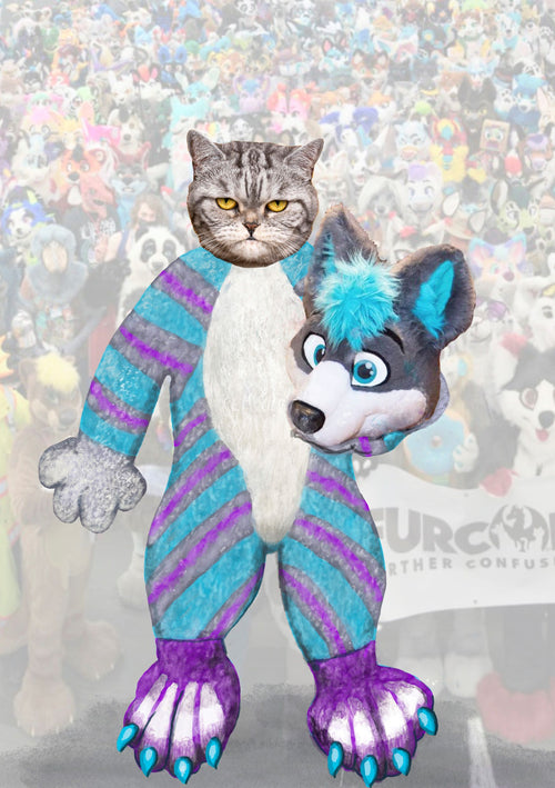 A person in a full-body blue and purple striped furry costume, wearing the "Furry Cat by Itchy Grandpa A5" from brand A5, raises their left paw and holds a husky head mask in their right paw. The background reveals a crowd of people dressed in various colorful furry costumes reminiscent of characters from the Little Art series.