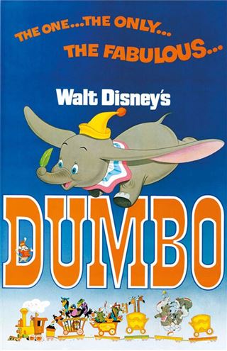 A vibrant and colorful poster by MTV 170, showcasing the hit movie "Disney - Dumbo." It features a flying elephant with oversized ears, donned in a clown hat and collar. The text proudly declares, "The one... the only... the fabulous... Walt Disney's DUMBO." Below, circus characters are depicted riding a train on a track—an ideal addition to any movies & TV collection.