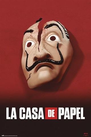 A premium 150gsm gloss paper art poster, the La Casa De Papel Mascara by MTV 069, showcases a Salvador Dalí mask with a drop of blood against a red background. Below the mask, the title "La Casa de Papel" is prominently displayed in bold white and red letters. The large regular classic poster features prominent arched eyebrows, a mustache, and an expressive facial expression.
