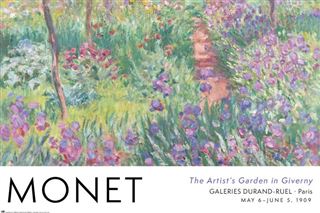 Exquisite impressionist artwork by Monet depicting a vibrant garden filled with blooming purple and pink flowers, printed on premium 150gsm gloss paper. The text reads: "Monet Exhibition, The Artist’s Garden in Giverny, Galeries Durand-Ruel, Paris, May 6 – June 5, 1900." A classic art poster for enthusiasts by ART.