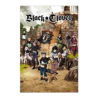 Large regular poster of the anime "Black Clover" featuring multiple characters. In the foreground, two characters stand prominently, with a larger group behind them in various poses, set against a backdrop of ruins and a magic emblem. The title "Black Clover - Flag" by MTV 273 is at the top.