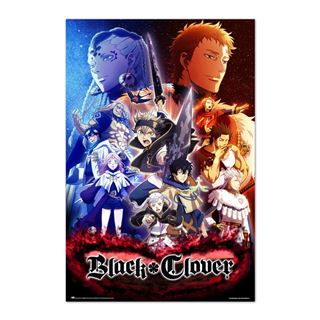 Promotional poster for "Black Clover - Collage," from MTV, showcasing anime characters in dynamic poses against a gradient background. The title of the show is prominently displayed at the bottom, encapsulating the essence of a blockbuster movie poster in this large regular format.