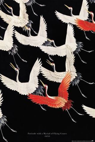The Furisode With A Myriad of Flying Cranes from ART features an exquisite portrayal of cranes with white and red plumage, gracefully soaring against a black backdrop. This piece encapsulates the elegance and harmony of these birds in various positions, evoking a sense of movement.