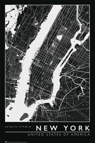 The EDU 002 New York City Map is a black and white abstract poster showing a detailed layout of streets and waterways in New York, United States of America. Printed on premium gloss paper, it features the coordinates 40° 66' N 73° 98' W at the top, with "New York" and "United States of America" written at the bottom. This makes an ideal addition to any educational collection.