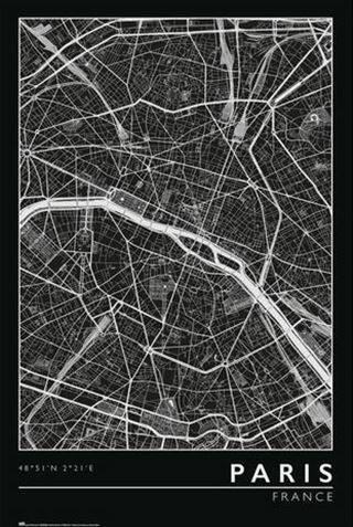 The Paris City Map by EDU 004 is a monochrome, intricately detailed representation of Paris, France, showcasing the city's streets and layout against a black background. Printed on premium 150gsm gloss paper, the map highlights the Seine River cutting through the city. Part of our Educational Collection, "PARIS FRANCE" is inscribed at the bottom alongside coordinates (48°51'N 2°21'E).