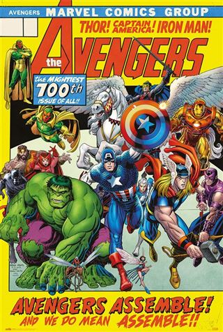 This Marvel Avengers - 100th Issue comic book cover by MTV features iconic superheroes, a green muscular figure and a man in a blue star-spangled costume. Bold text reads, "The Avengers, Avengers Assemble!" Ideal for any Marvel MCU Poster or Movies & TV Collection enthusiast.